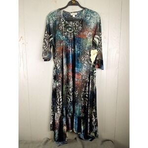 One World Dress Large Iridescent Printed Knit Asymmetrical Hem Half‎ Boho Muted